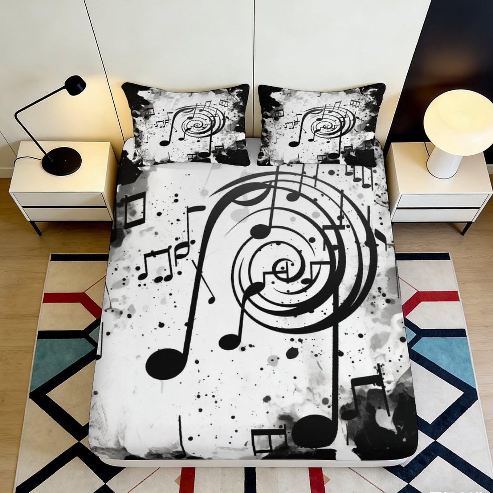 3D Printed Black Music Notes Fitted Sheet Microfiber Artistic Musical Spiral Mattress Cover for Bedroom Guest Room Decor, Easy Care 90x200x25cm