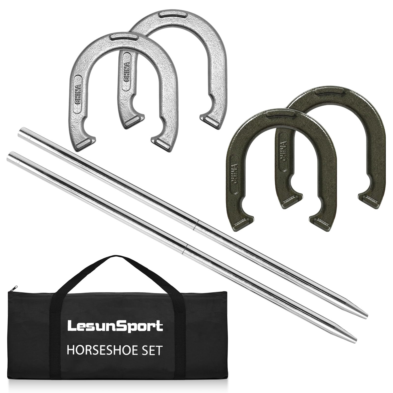 LesunSport Heavy-Duty Horseshoe Outside Game Set with 4 Forged Steel Horseshoes?2 Steel Stakes and 1 Carrying Bag,Regulation Size Horseshoes Game Set for Outdoor Lawn, Beach, Backyard