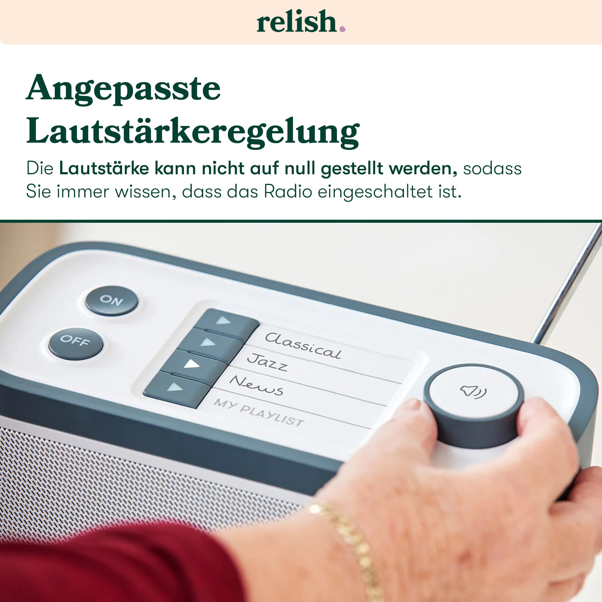 Relish – Tragbares, einfaches DAB/DAB+/FM Radio und MP3-Musikplayer mit USB für Senioren, Demenz und Alzheimer-kranke sowie Sehbehinderte – große Tasten, einfaches Design, leicht zu bedienen