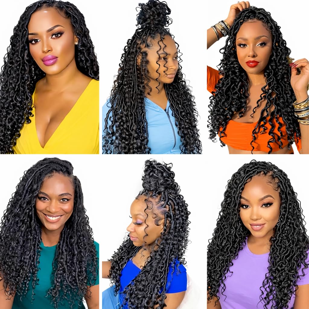 Faux Locs Curly Boho Braid Hair - Haarverlängerungen zum Flechten mit Crochet im Echthaar-Look Kanekalon - 600 g 120 Strähnen auf 5 Stück + 3 Zubehör inklusive (1B, 22" 45cm)
