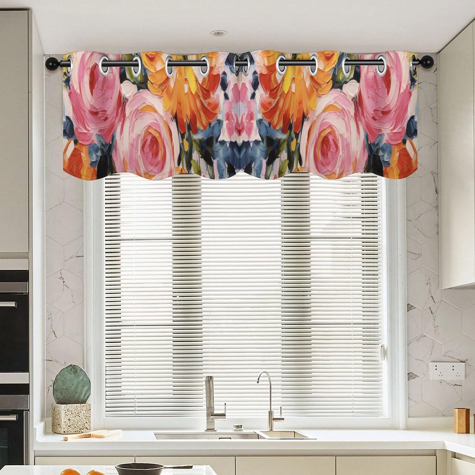 Rideaux de cantonnière asiatique 132x45cm lot de 2 avec motif floral rose pour la cuisine