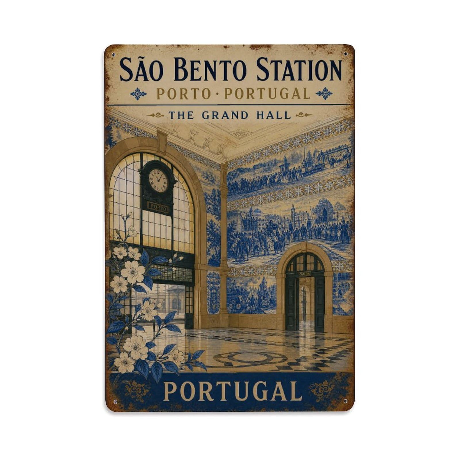 Huiyhb 8X12inch(20X30cm) Vintage Travel Sao Bento Station Grand Hall Interior Portugal Metal Tin Sign