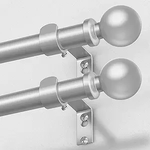 2 Pack Silver Curtain Rods for Windows 48 to 84 Inch, Adjustable Heavy Duty 1 Inch Diameter Decorative Curtain Rod with Round Finials, Modern Easy Install Extendable Metal Drapery Pole Set