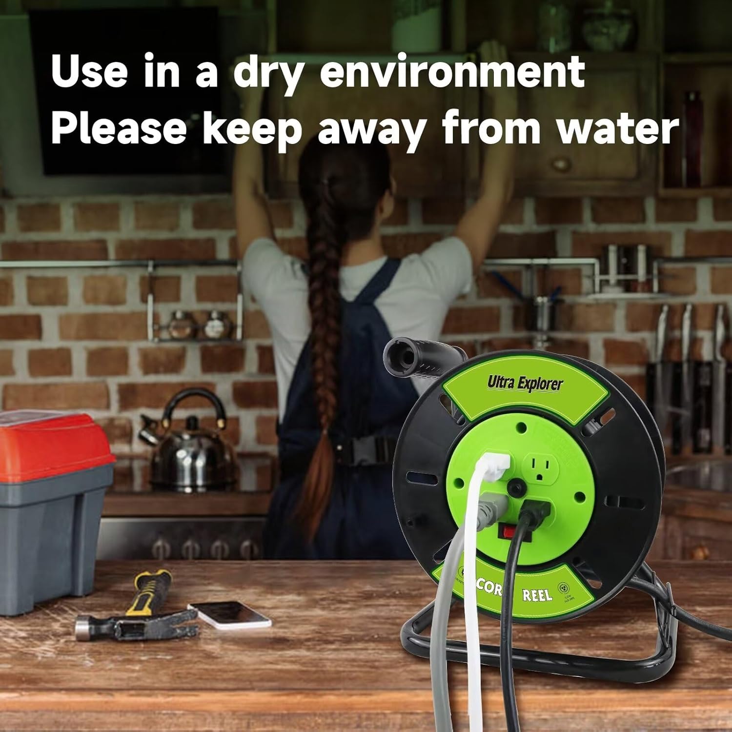 Extension Cord Storage Reel with 4-Grounded Outlets, Heavy Duty Open Cord Reel for 12/3 14/3 16/3 Power Cords, Portable Empty Hand Crank Electric Cord Roller Holder, Green