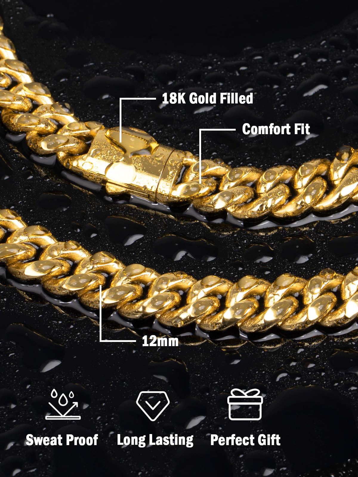 Cadena de eslabones cubanos de oro de 12 mm para hombre, no se deslustra, collar de acero inoxidable 316L con cierre de caja resistente, chapado en oro de 18 quilates, cadena Miami duradera