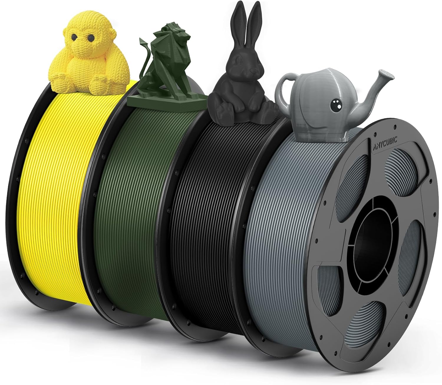 ANYCUBIC PETG Filament 1.75mm Bundle, 3D Printer Filament, Dimensional Accuracy +/- 0.02mm, Exceptional Toughness, 1KG Reusable Spool, 4KG Black+Texture Silver+Forest Green+Yellow