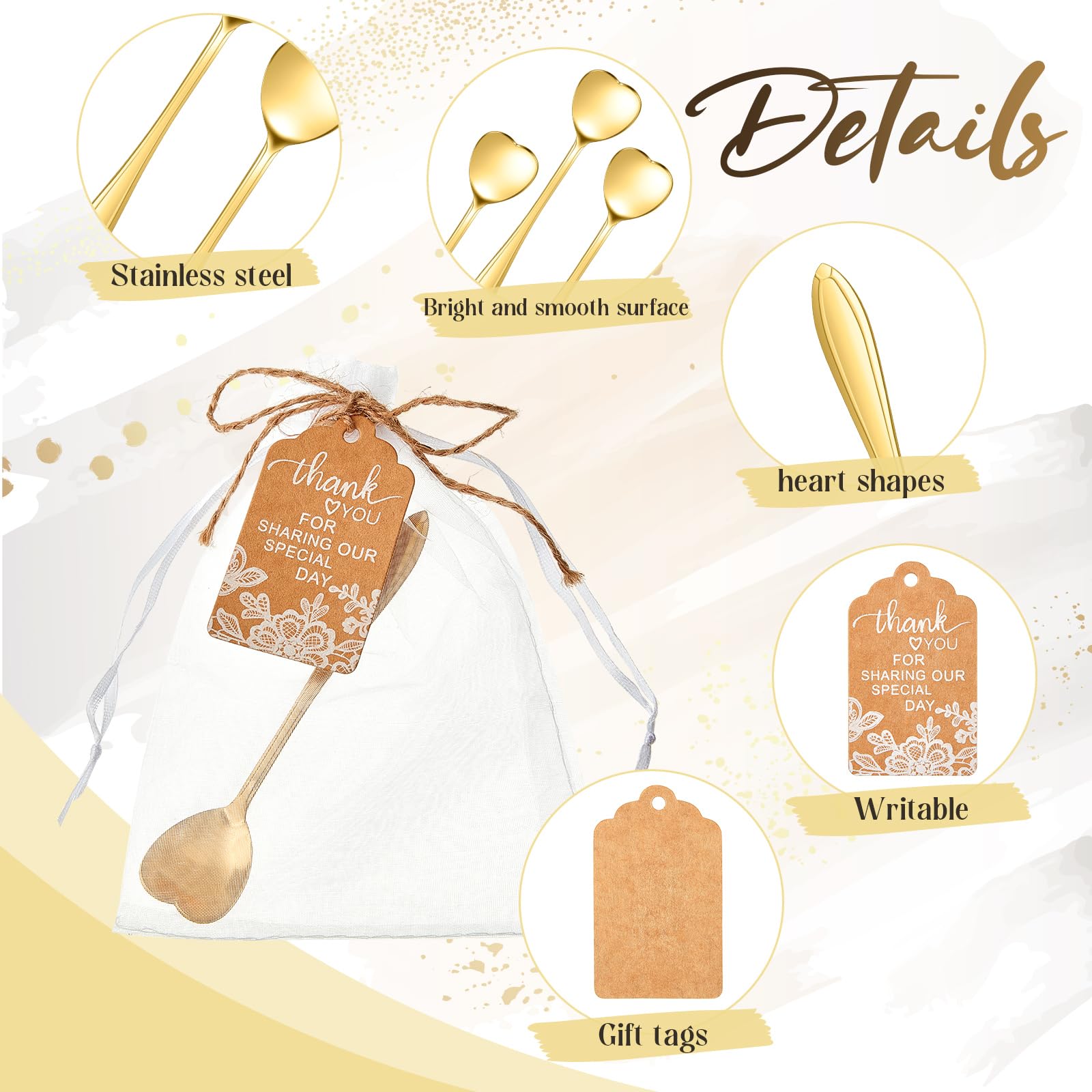 50 Sets Mini-Kaffeelöffel Mit Dankeskarten – Herzförmig, Roségold | Für Hochzeits-Souvenirs, Brautparty Oder Teeparty Gastgeschenke