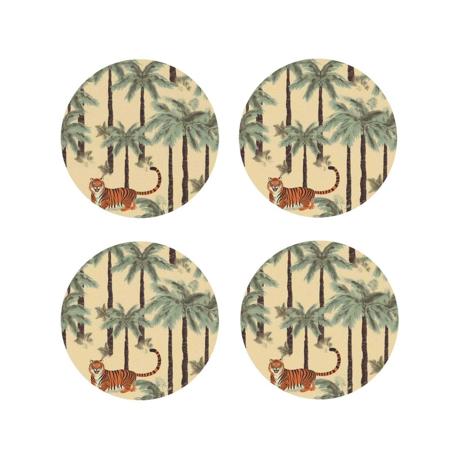 4pcs Drink Coasters for Tabletop Protection, 4" Leather Coasters for Drinks, Palm Trees and Tigers Cup Coasters for Coffee Table Decor, Non-Slip Drinking Cup Mat for Hot Or Cold Drink