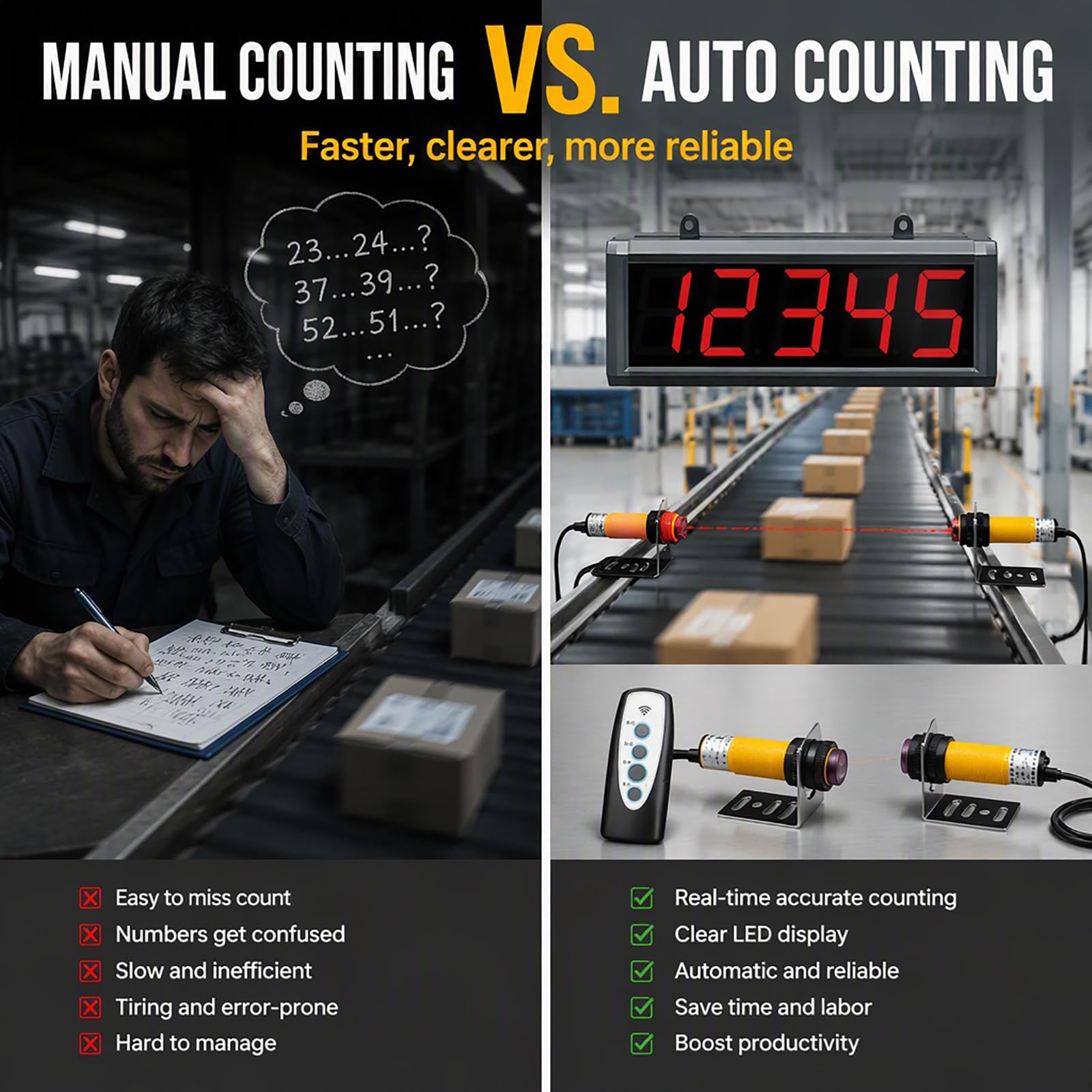 Compteur Numérique Automatique, Compteur LED Numérique 3" À 5 Chiffres avec Télécommande, Plage De Comptage De 1 À 99 999, Distance De Détection du Capteur : 5 m, pour Usine