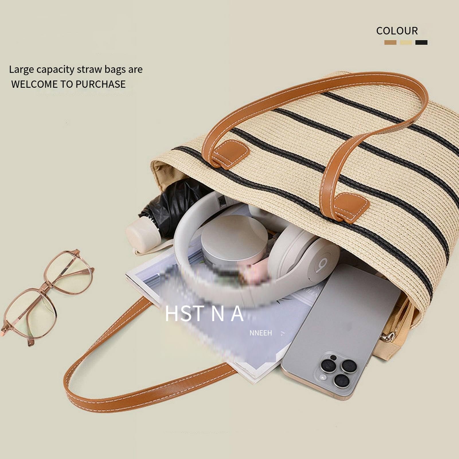 Strohtaschen Damen Mode -strohbag - Große Kapazität Frauen Schultertasche, Gewebte Strandhandtasche Im Französischen Stil Für Den Urlaub-Khaki
