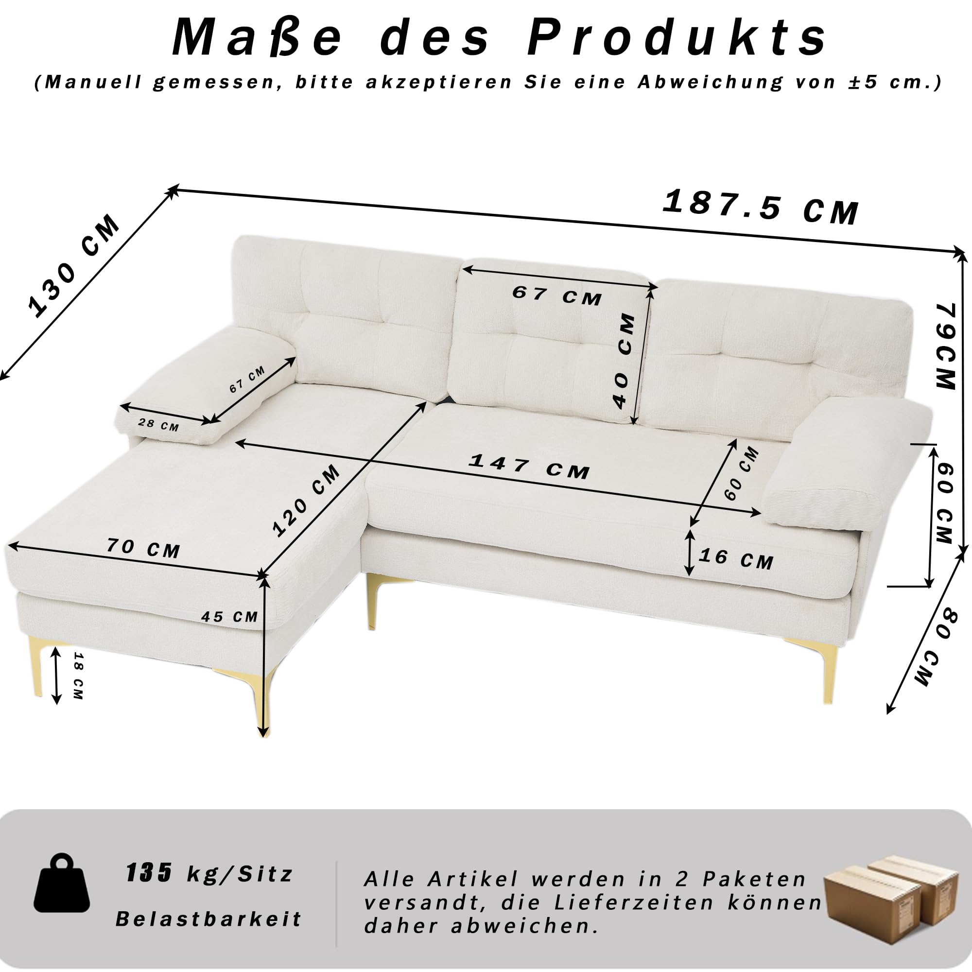 Divano angolare con funzione letto, 187,5 cm, divano a forma di L con funzione letto, divano a 3 posti, funzione reclinabile, tessuto di ciniglia, braccioli imbottiti, per soggiorno, beige