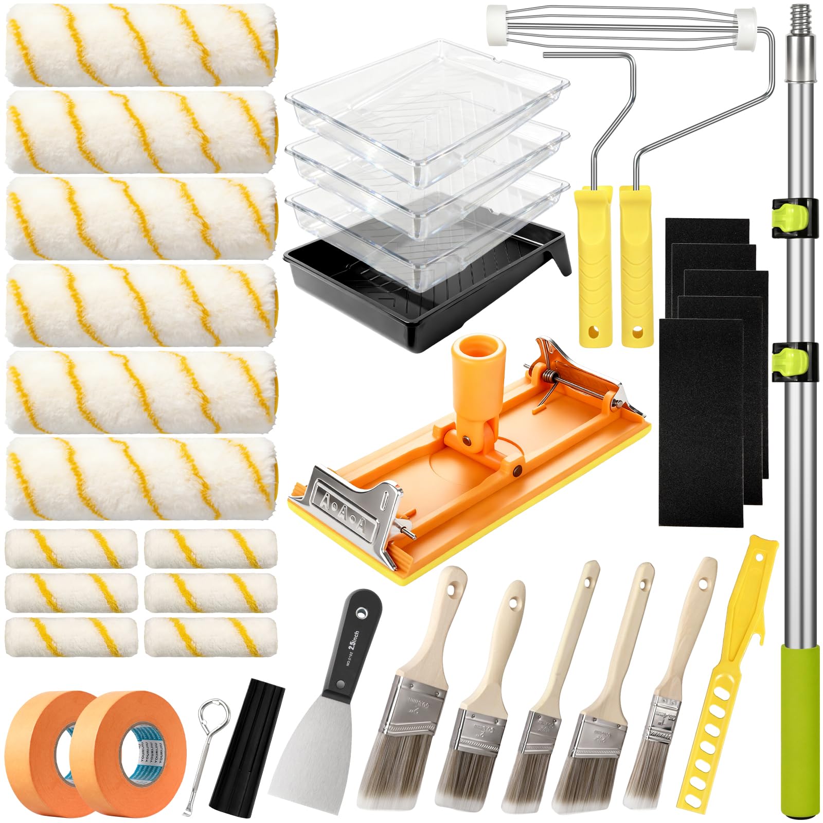 Farbroller-Set mit Verlängerungsstange, 10,2 cm bis 22,9 cm, Pinselverlängerung, Schleifpapierhalter, Pinsel für Wände, Hausfarbe für alle Latex- und Ölfarben, 38-teiliges Set
