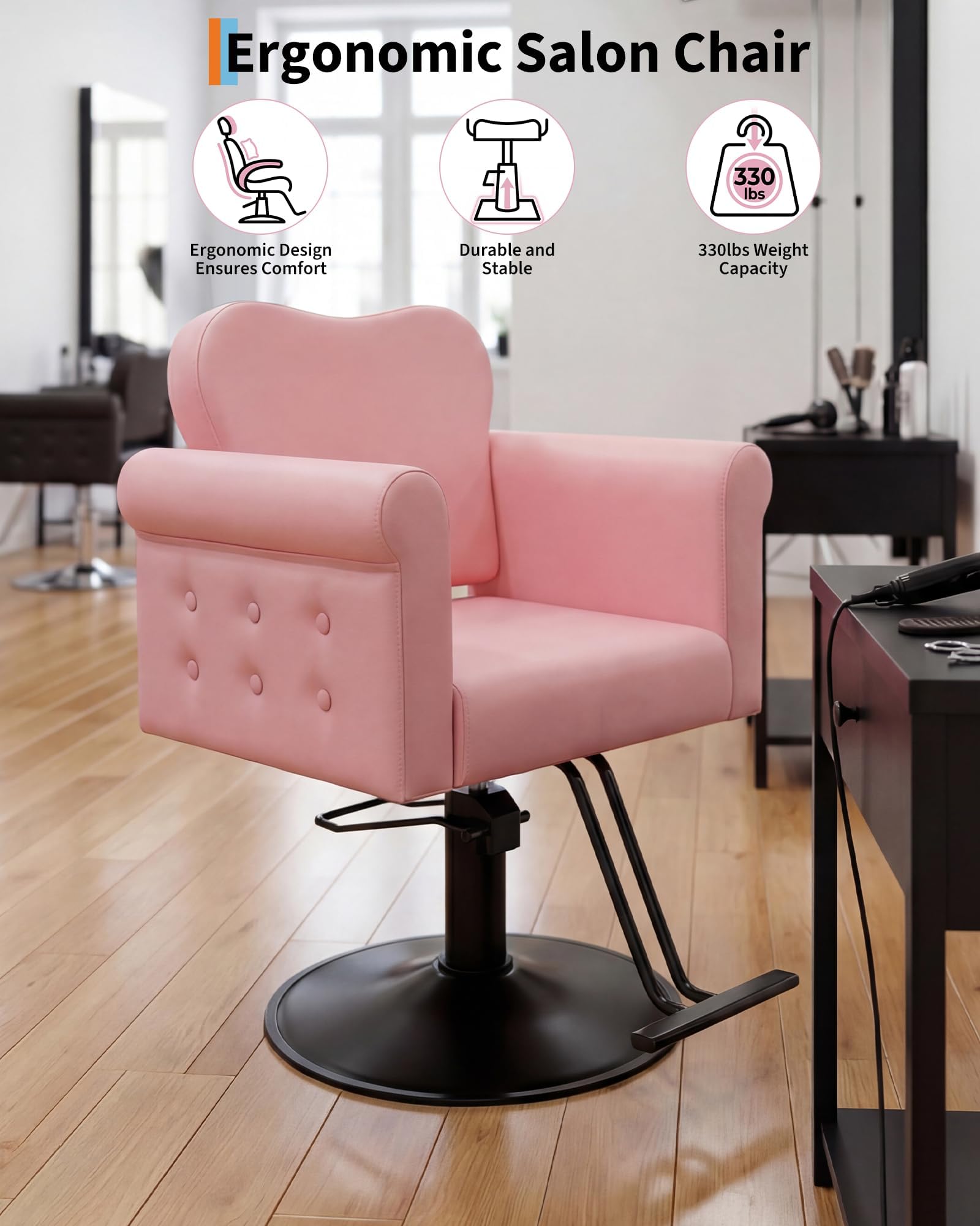Garvee Fauteuil De Coiffeur en PU pour Styliste, Chaise De Barbier avec Pivotement, Base Ronde en Métal, Lift Hydraulique, Capacité Jusqu'à 150 kg, pour Salon De Coiffure, Spa, Maison, Rose