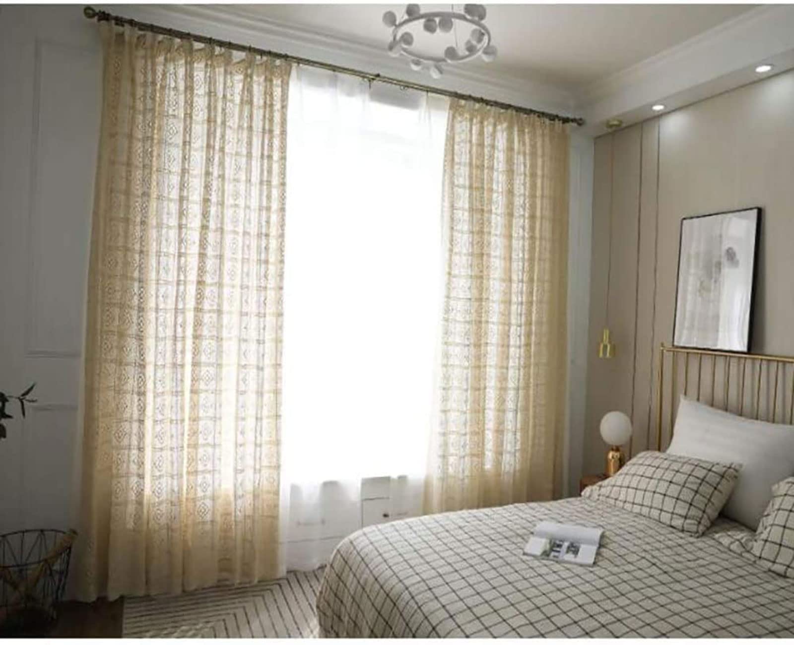 Rideaux au crochet beige en coton 300x260cm style ferme rustique pour salon