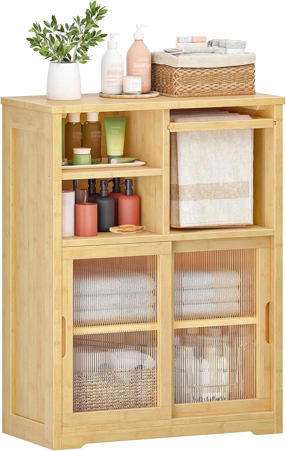 HOOBRO Bathroom Floor Cabinet, Small Bathroom Cabinet with 2 Doors, Floor Storage Cabinet, Bamboo Organizer Cabinet with Adjustable Shelves for Living Room, Dining Room, Entryway, Natural