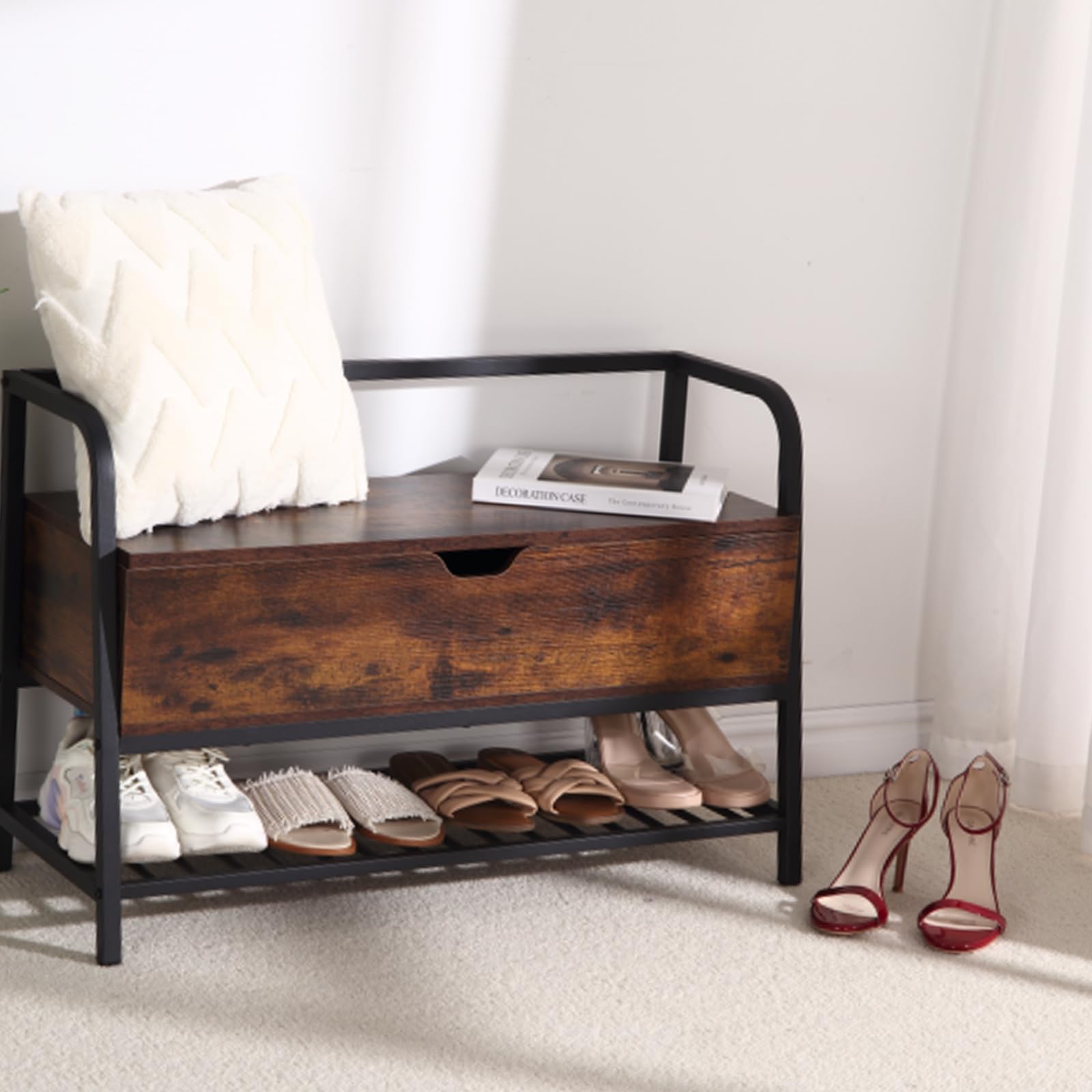 JoanKaren Banc à Chaussures Vintage Avec Coffre Relevable – Banc D'Entrée Industriel Avec Étagère Et Assise, Bois