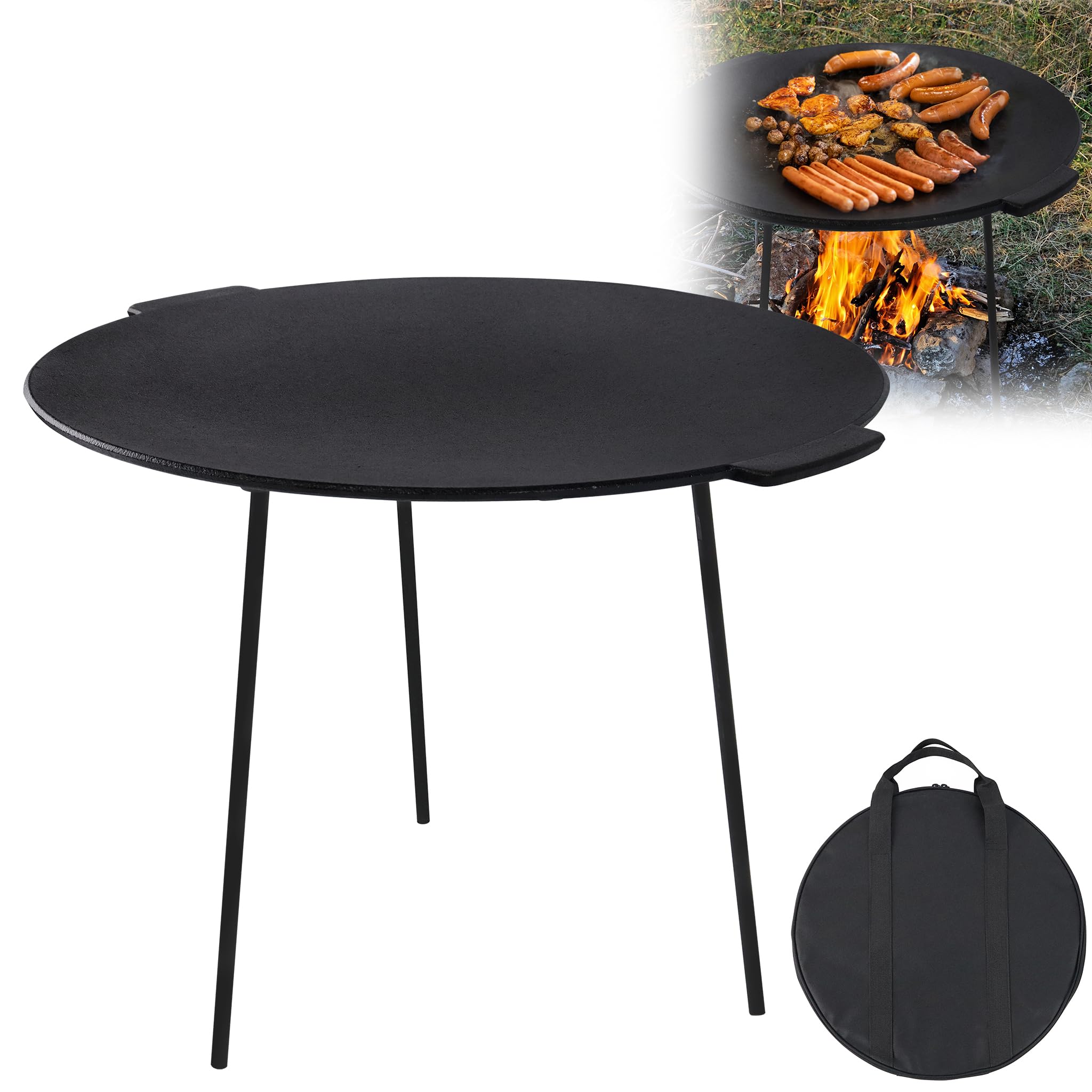 XMTECH Dutch Oven żeliwna patelnia grillowa, okrągła, Ø 45 cm, wysokość 37 cm, z 3 nogami, żeliwo, trójnożna płyta grillowa