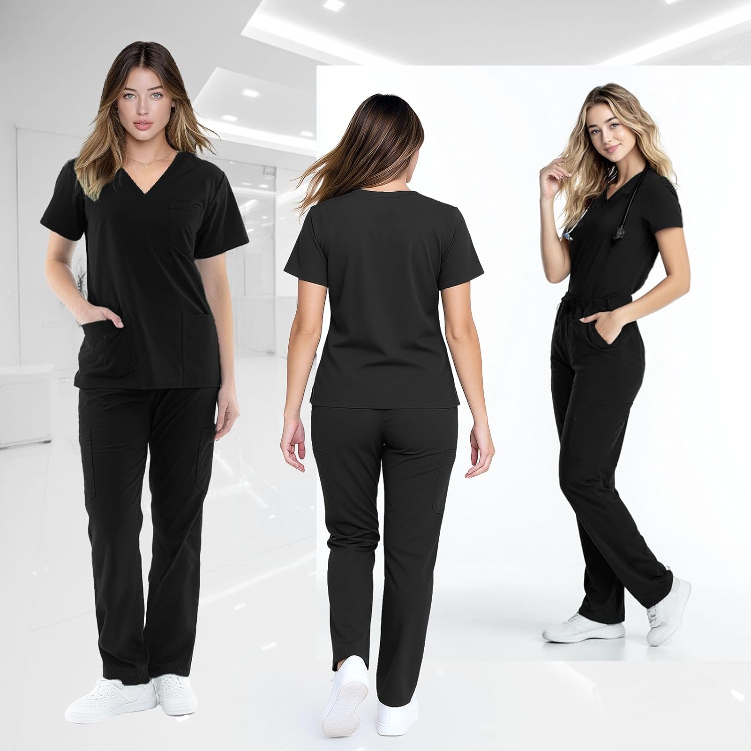 Scrubs Set for Women - V-Neck Top and Cargo Pants Medical Uniform Scrub - Image 2