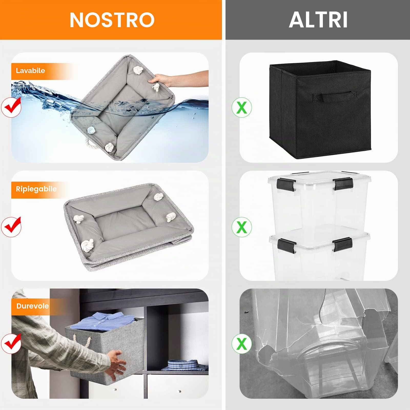Set di 4 Scatole Portaoggetti, 33 x 38 x 33 cm, Cestini Portaoggetti in Tessuto, Cesto Portaoggetti Pieghevoli con Manici, Contenitori Portaoggetti per Giocattoli, Vestiti, Libri, Grigio