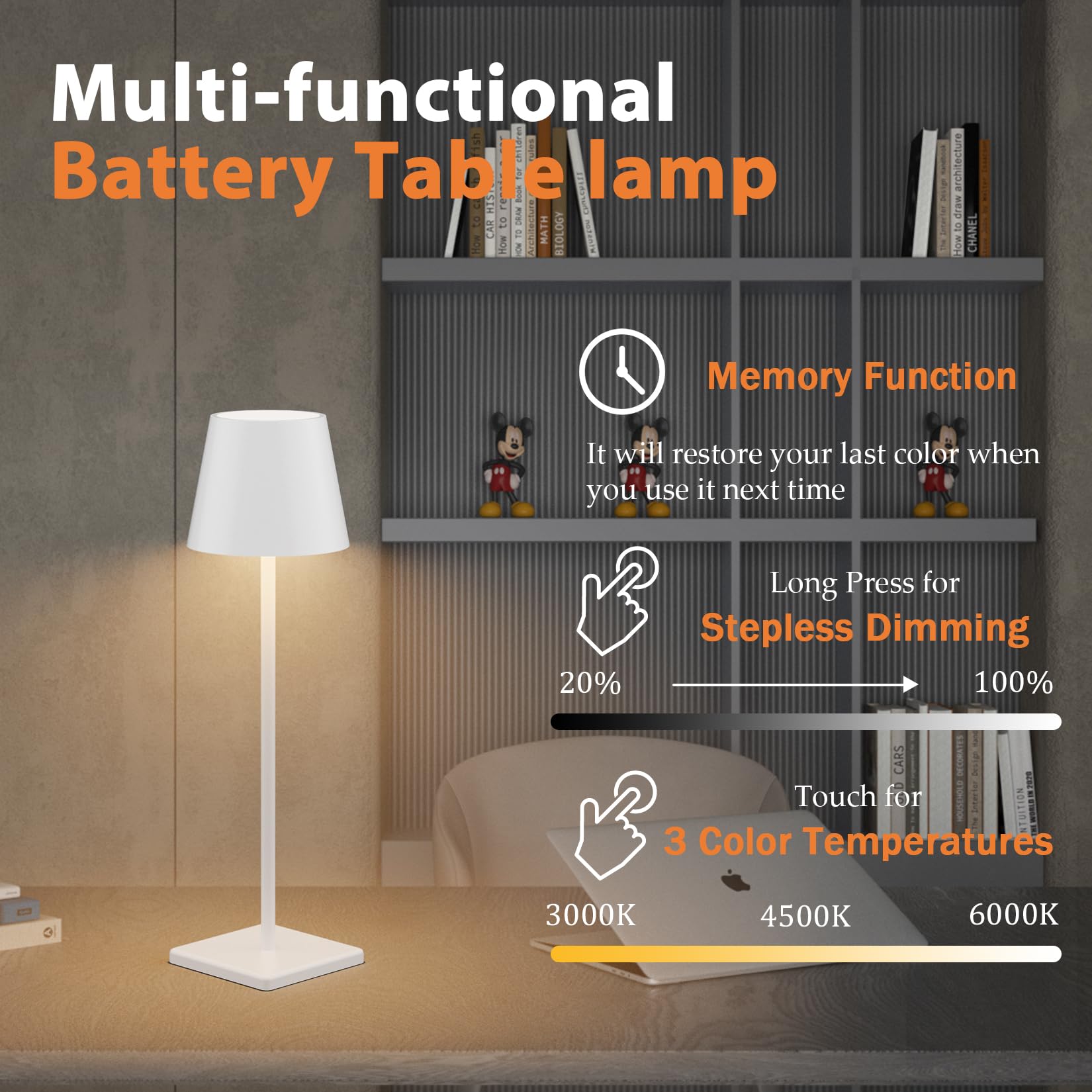 2 pièces LED dimmable lampe de bureau, IP54 lampe de bureau sans fil, 5500mAh adapté pour lampe de bureau Table Light convient