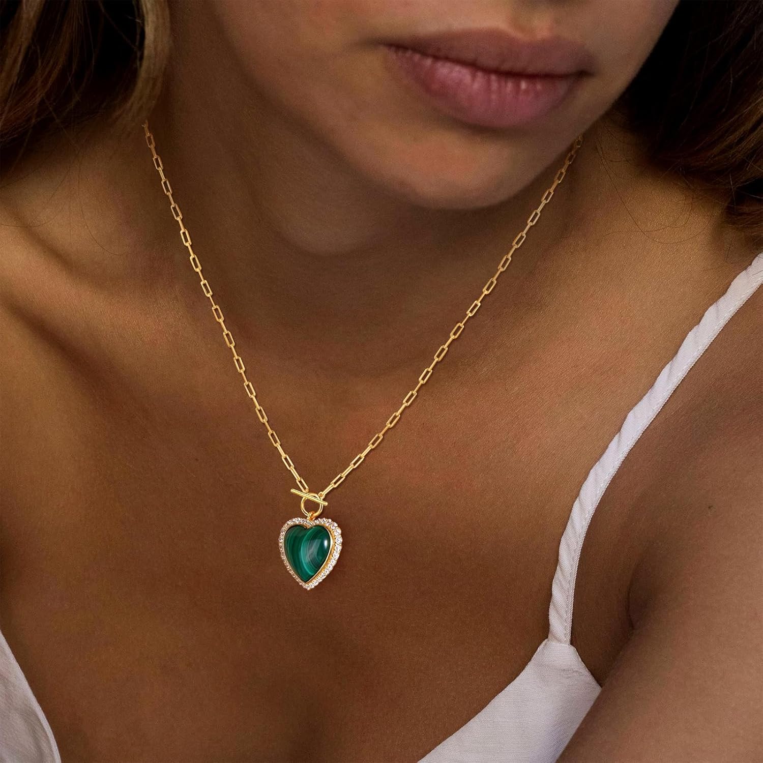 AIBAO 6-18 Cttw Genuine Turquoise/Red Coral/Lapis Lazuli/Malachite Halo Pendant for Women 925 Sterling Silver Paperclip Chain Necklace Western Jewelry - Image 3