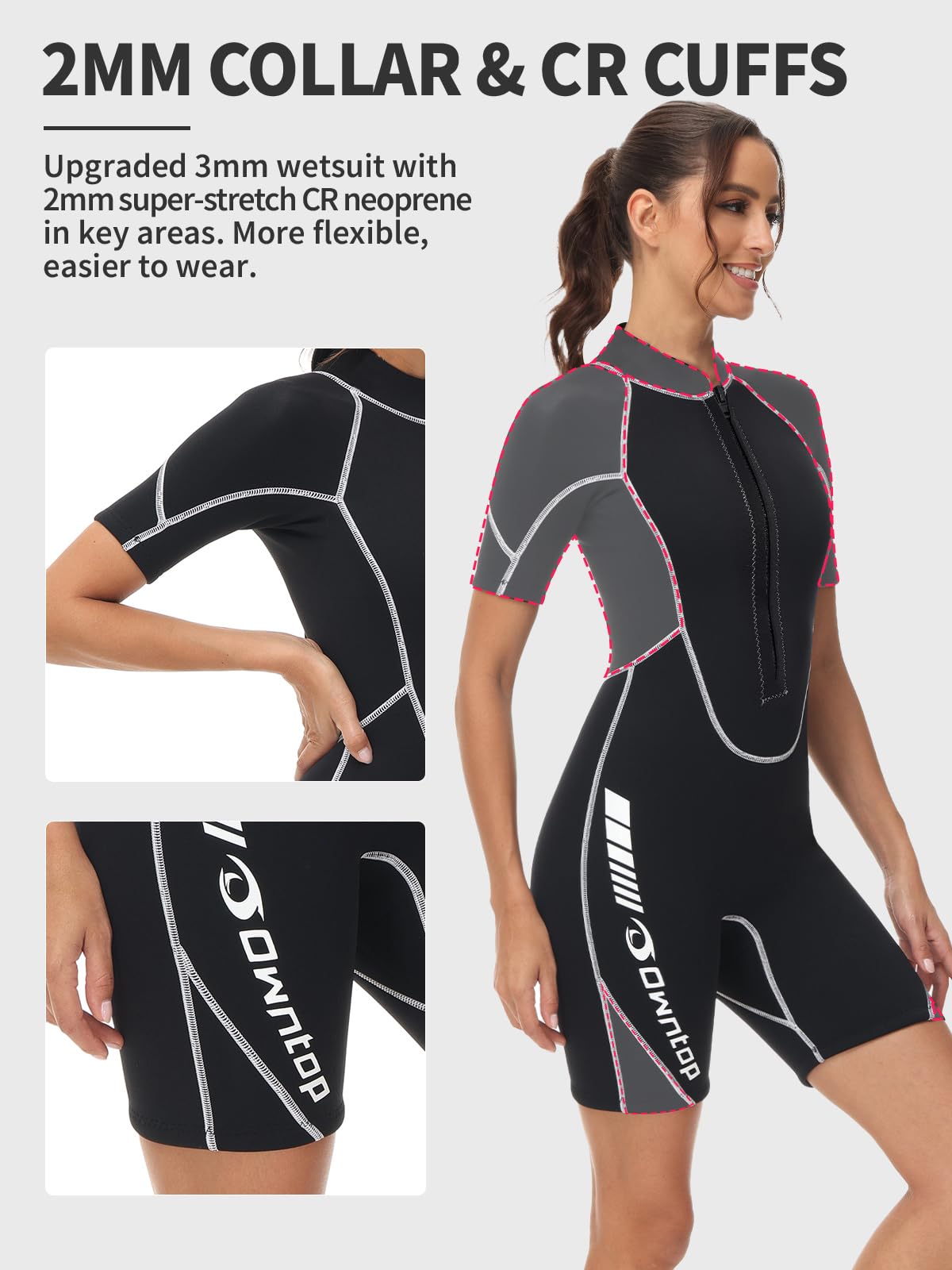 Owntop Combinaison shorty en néoprène 3/2 mm pour homme/femme - Fermeture éclair à l'avant - Pour la plongée, le surf, le surf - Manches courtes - En néoprène stretch - Pour sports nautiques