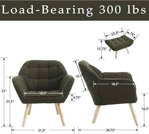 Miniatura 2 de Silla decorativa Sherpa con otomana, moderna silla de lectura mullida con sillón otomano tapizado con patas de madera, cómoda silla de descanso para