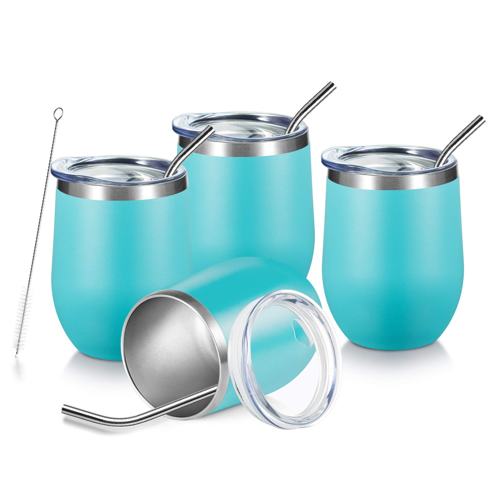 12oz Wine Tumbler with Lid Insulated Stemless Wine Glasses Double Wall Vacuum Wine Tumbler Cup for Cold & Hot Drinks, Teal, 4 Pack
