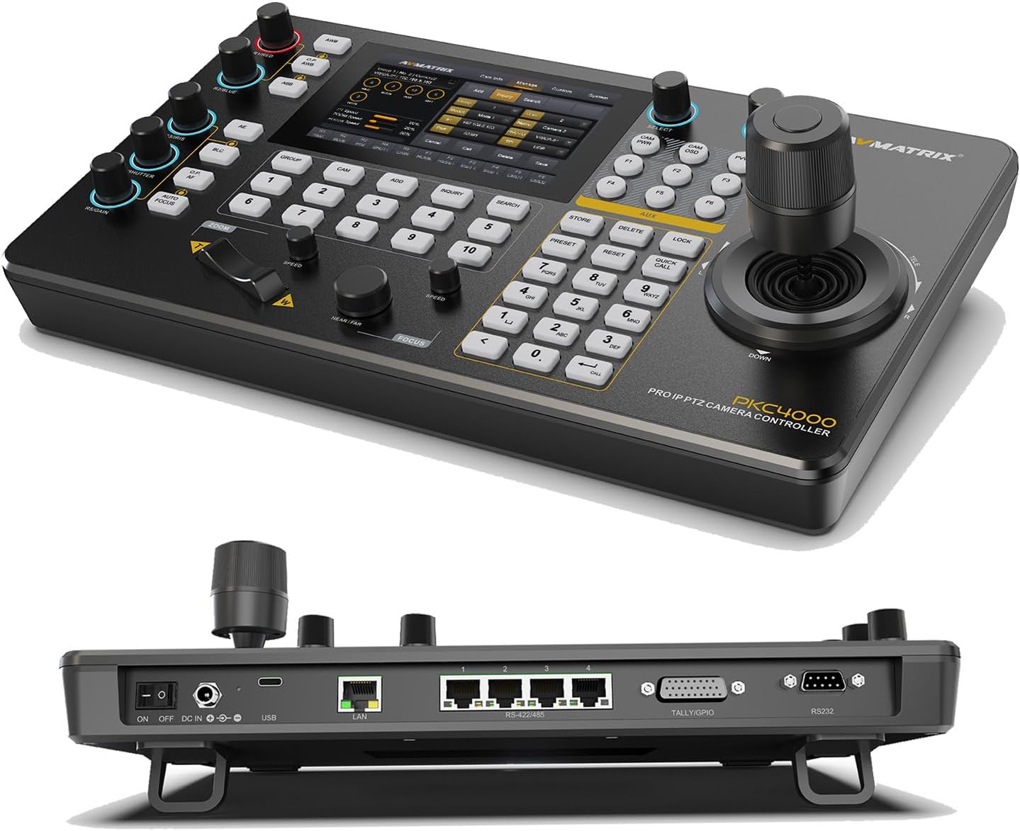 AVMATRIX PKC4000 IP & Serial PTZ Camera Controller - PoE NDI PTZ Controller Keyboard with 4D Joystick for Live Streaming, Network Keyboard Visca PELCO D/P RS232 RS485 LCD Screen
