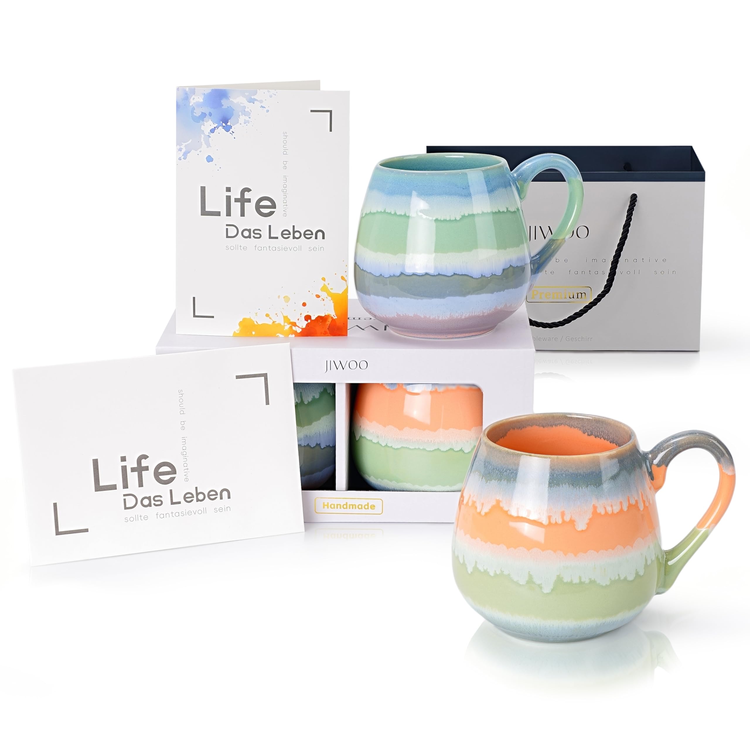 Jiwoo 566ml große kaffeetasse Handgefertigte 2x Tasse aus Modernes Bone China, Kaffeebecher mit schöner Verpackung und Grußkarte, Teetassen mit Griff