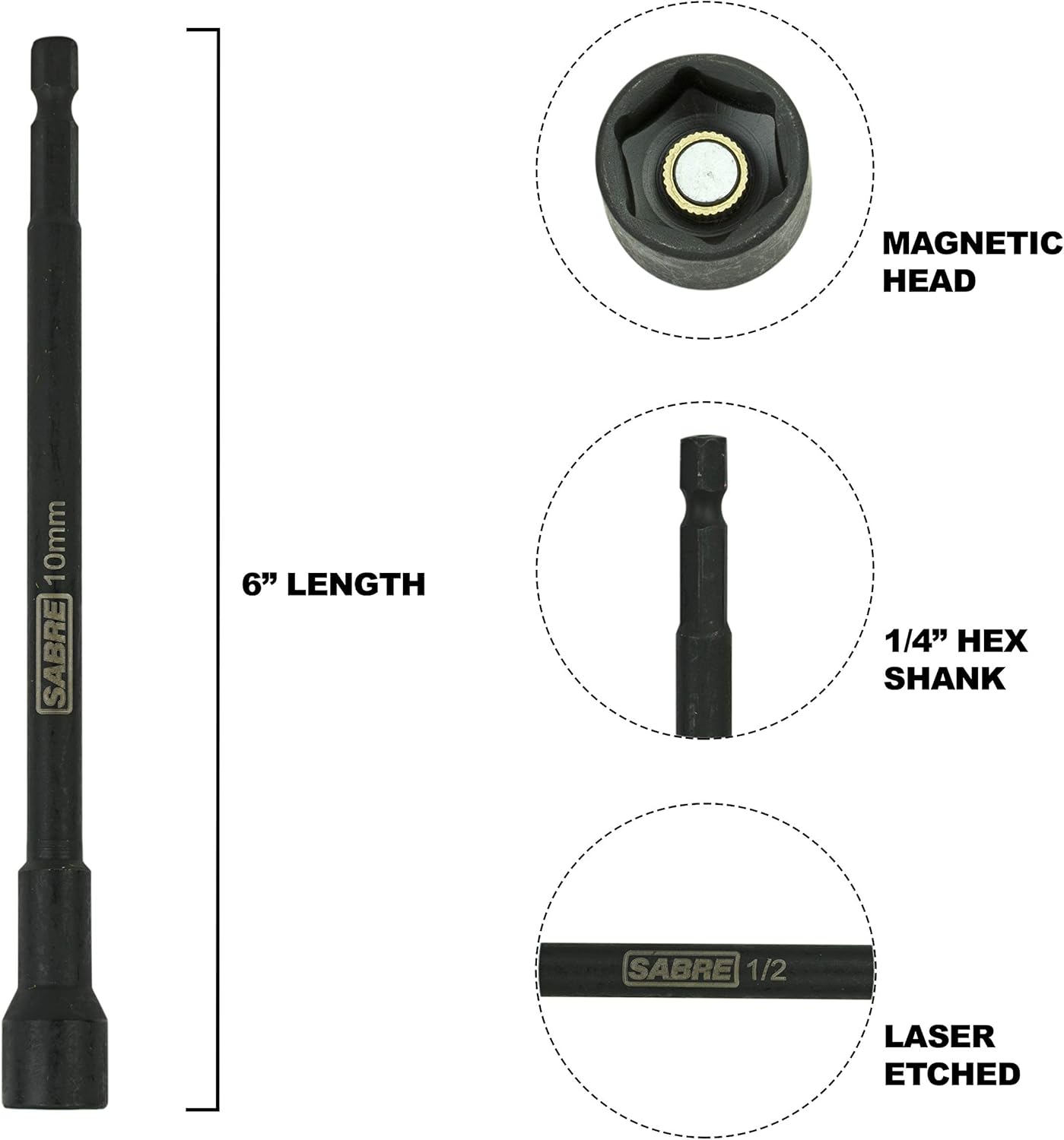 10mm Impact Magnetic Nut Driver – 6 Inch Length, 1/4 Inch Hex Shank, Magnetic Socket Tip (10mm Metric)