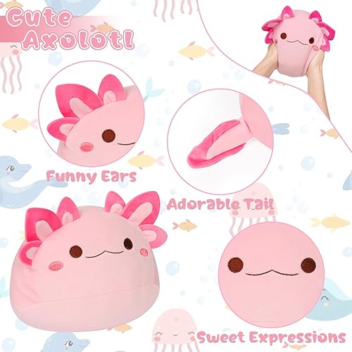Miniatura 3 de Juguetes de peluche de ajolotl, animales de peluche de ajolote rosa, lindos peluches de ajolote de 8 pulgadas, almohada de felpa redonda kawaii,