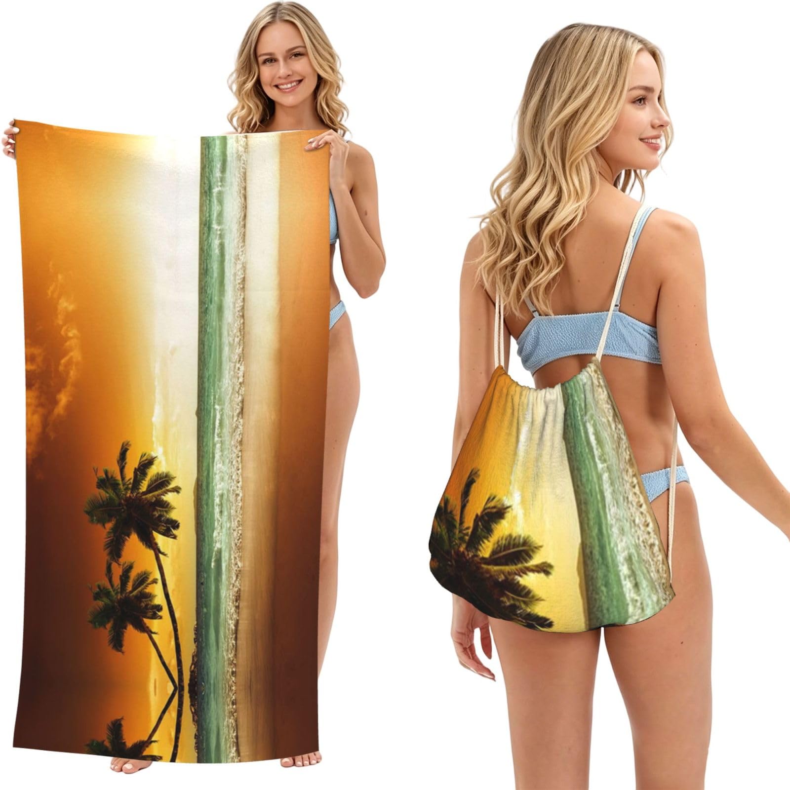SATUSA Sunset Coconut Trees On The Beach Print 2-In-1 Foldable Beach Towel Backpack â€“ Camping, Yoga And Travel,Bath Towel With Built-In Storage, Convertible Beach Mat & Carry Bag