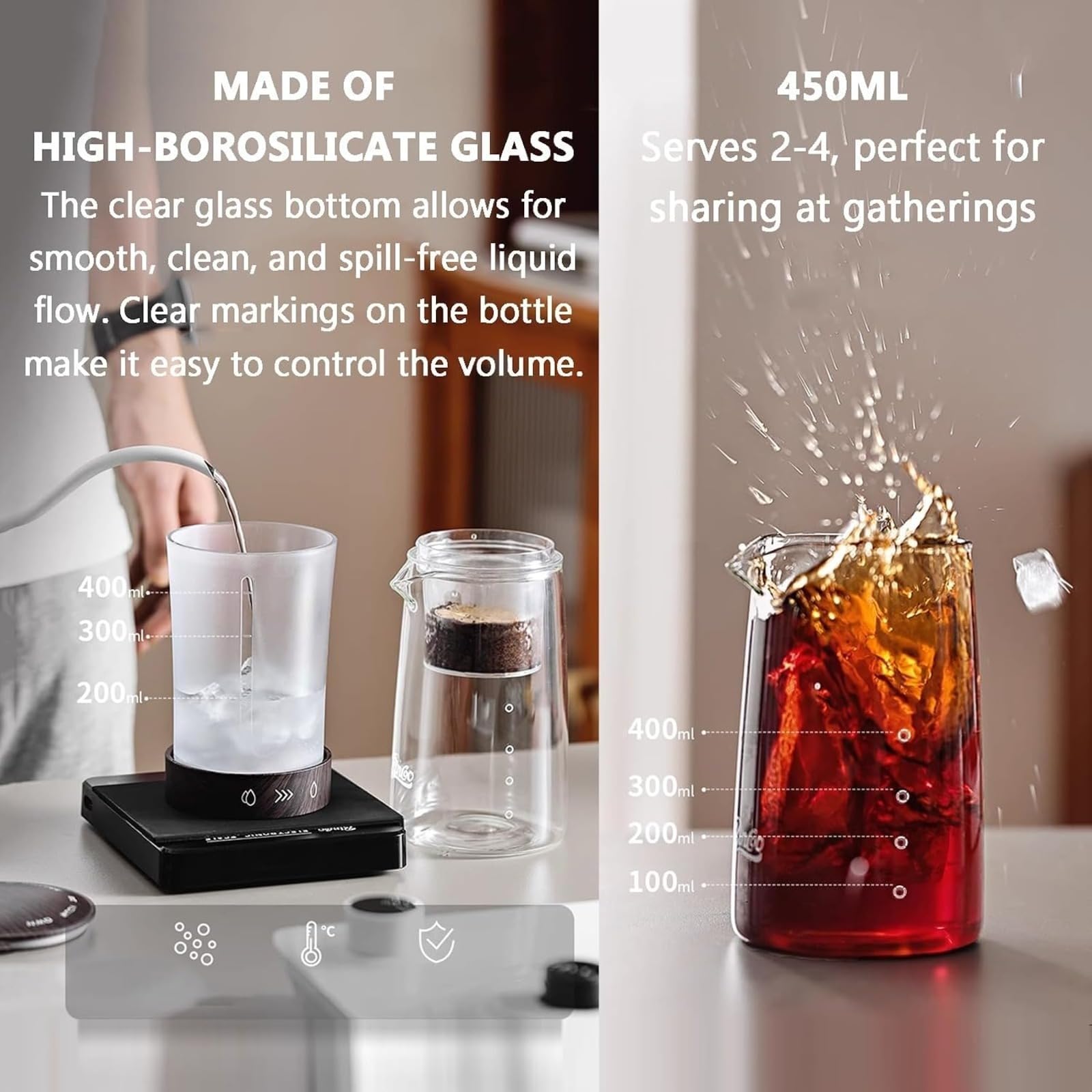 Kaltbrüh-Kaffeemaschine mit einstellbarem Durchflussventil und Glaskanne