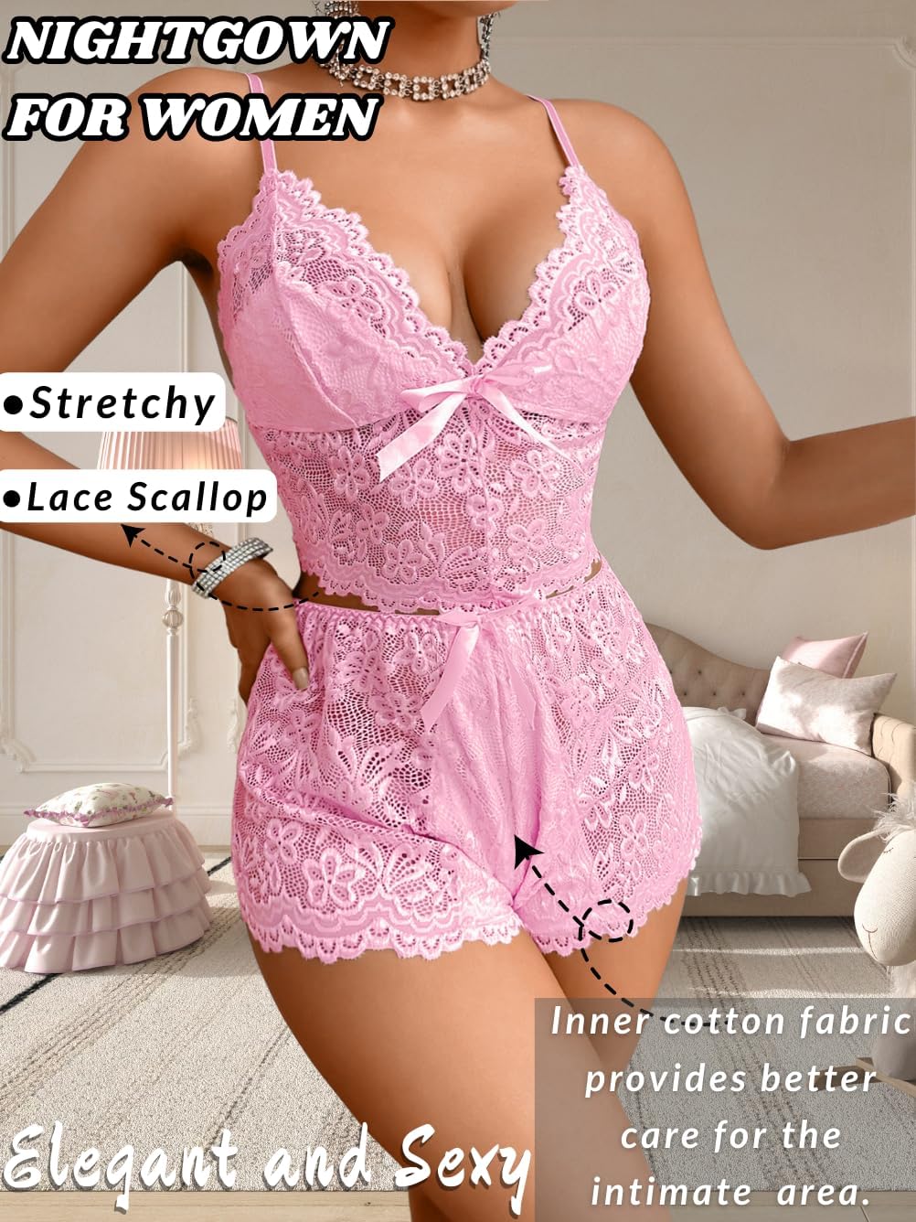 Bow Tie Sexy Lace Sheer Pajama Lingerie Set for Women, Floral Bra and Panty Set 2 Piece High Waisted Sleepwear - Image 7