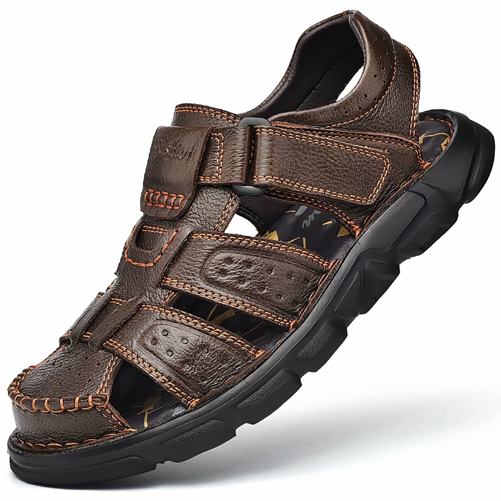 Sandalias de Cuero Hombre Punta Cerrada Al Aire Libre Sandalias de Senderismo Zapatos de Verano Ajustables Playa
