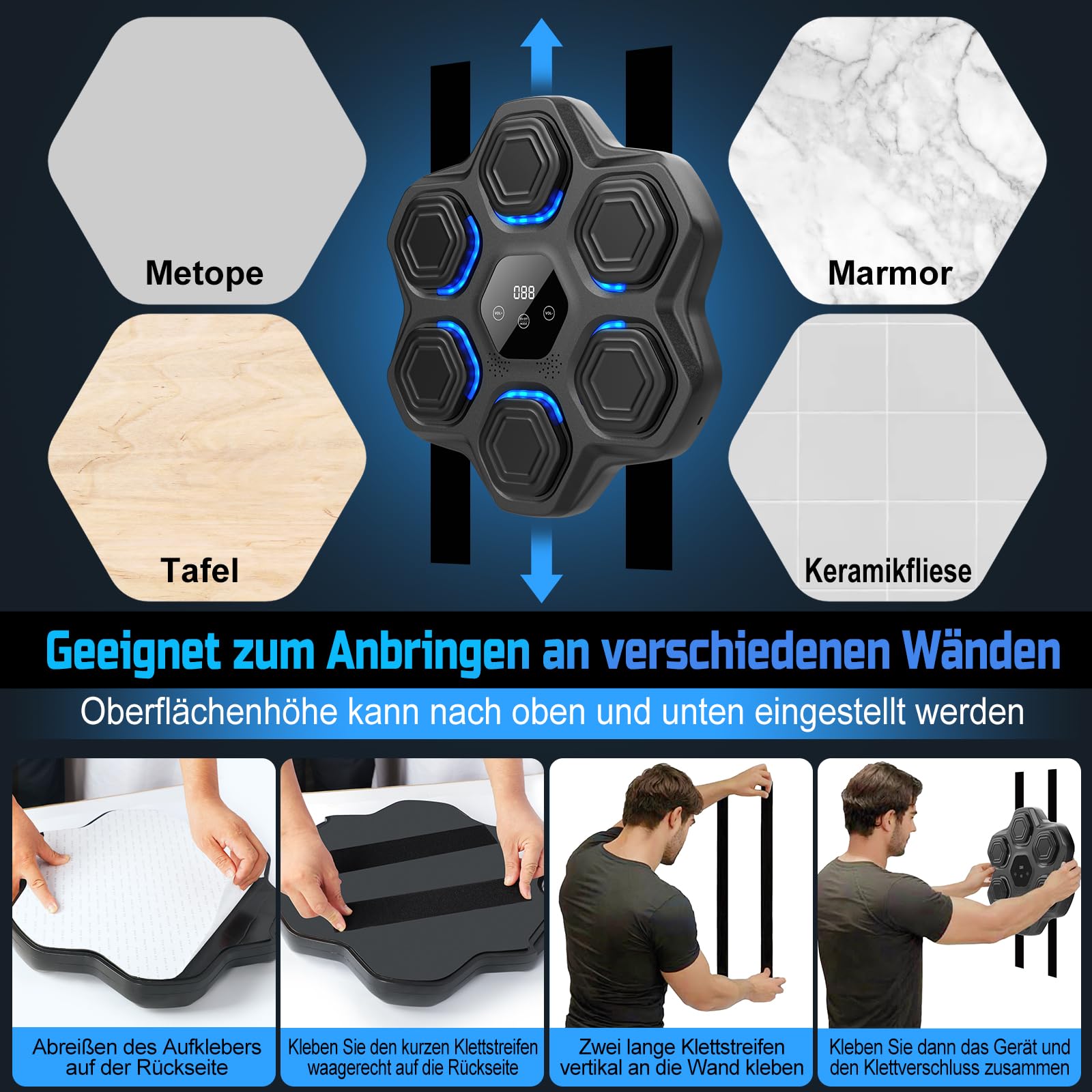 Music Boxing Machine Beatpunch LED Elektronische Musik Boxen Maschine mit Boxhandschuhen, Smart Wandmontierte Boxmaschine mit Musik für Erwachsene und Kinder, Musik Boxtraining für Zuhause, Indoor