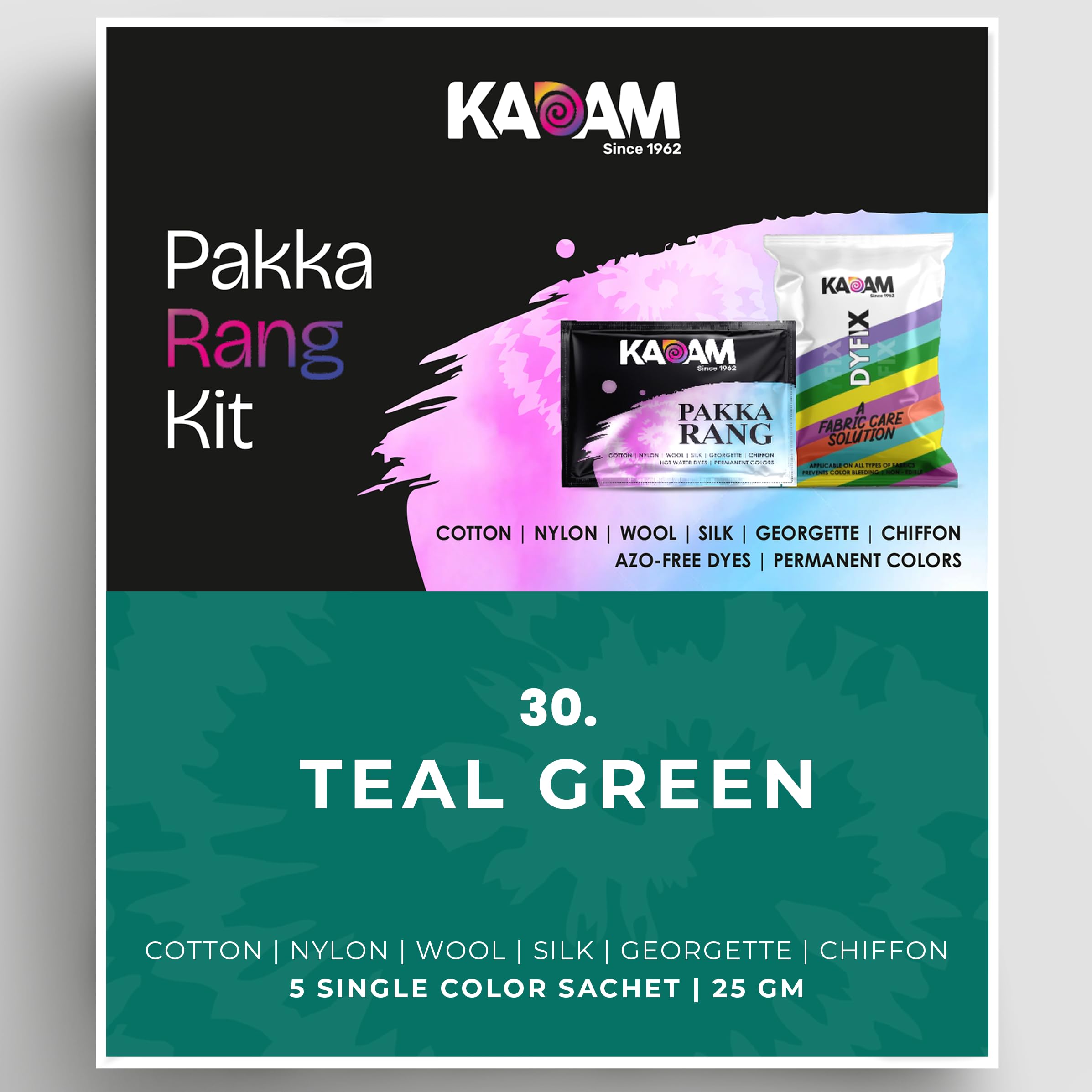 Kadam Pakka Rang Fabric Dye Colour | Shade No.30 Teal Green 25g Pack | Includes DyFix Color Fixer | Permanent Fabric Dyes for Old Faded Jeans and Clothes