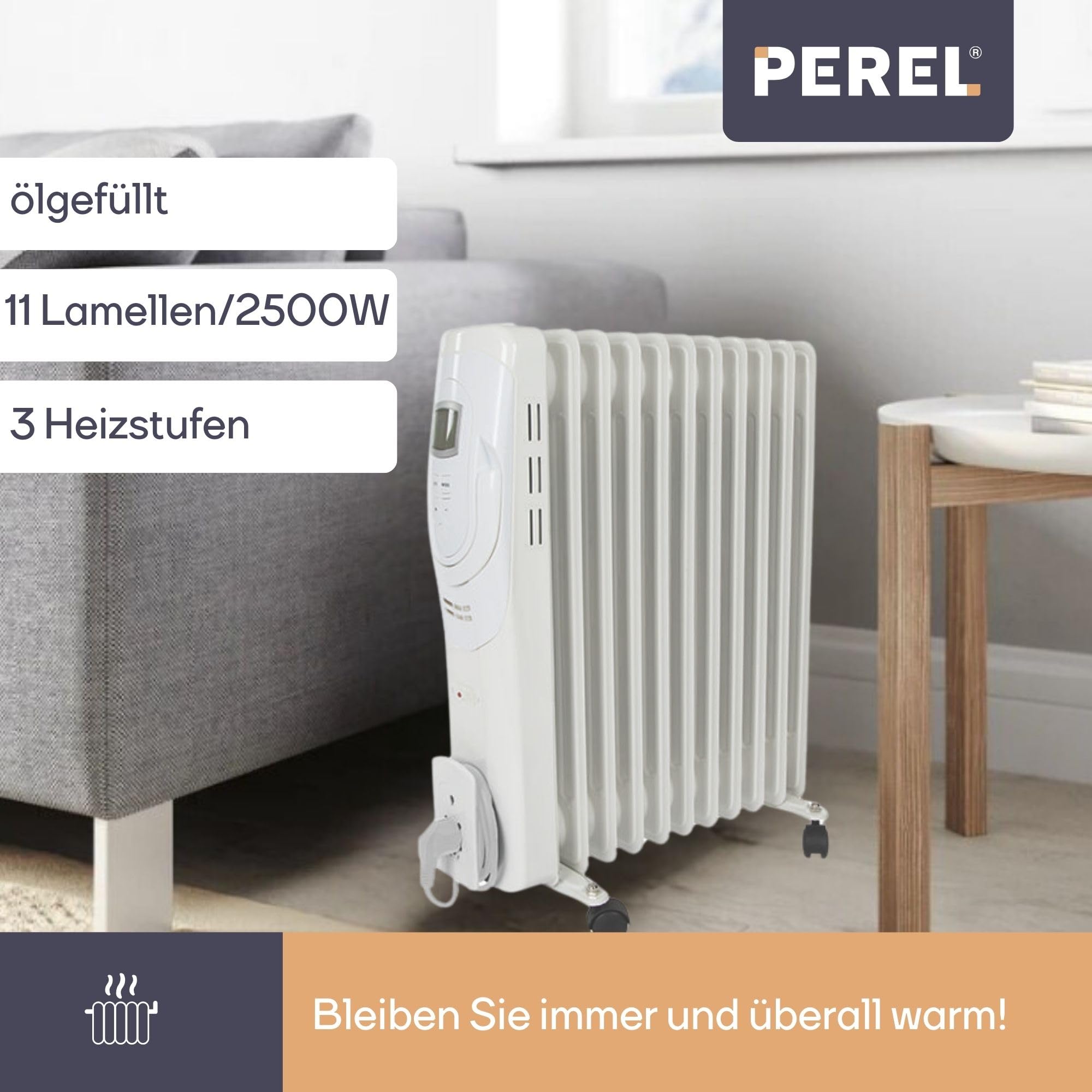 Perel 2500W Ölradiator mit 11 Rippen, 3 Heizstufen, LCD-Display, Timer, einstellbarem Thermostat, Griff, Rädern und Kabelhalter, Überhitzungs- und Kippschutz, tragbarer, geräuschloser und