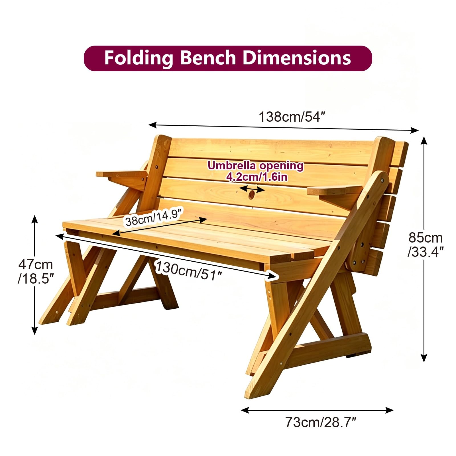 Mesa de picnic convertible de madera maciza, mueble transformable 2 en 1 con agujero para sombrilla para patio, jardín