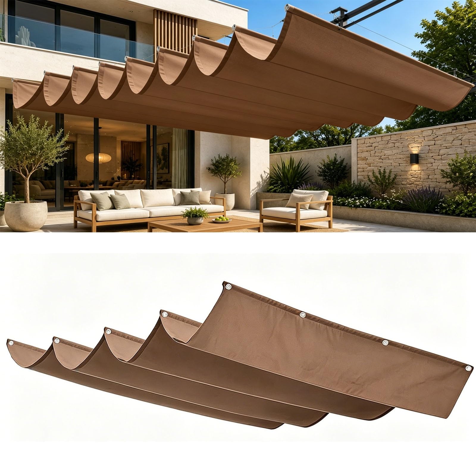 Toile ombrage rétractable vague marron : fini la chaleur et la pluie sur la terrasse