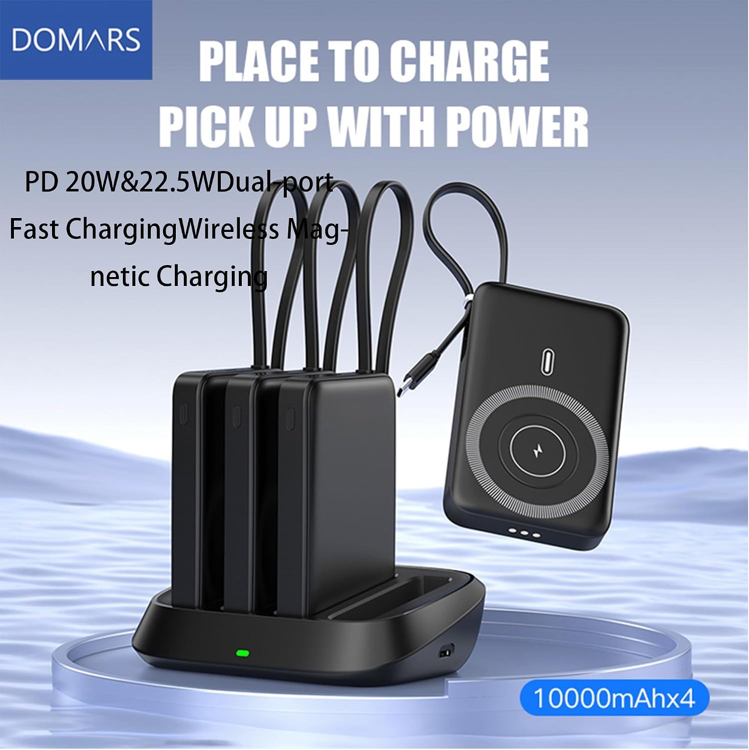 Power Bank Magnético 4×10000mAh,22.5W Batería Externa Carga Rápida | Magnéticas Bateria Portatil con Cables Integrados y Base de Carga para iPhone, Samsung, iPad y más