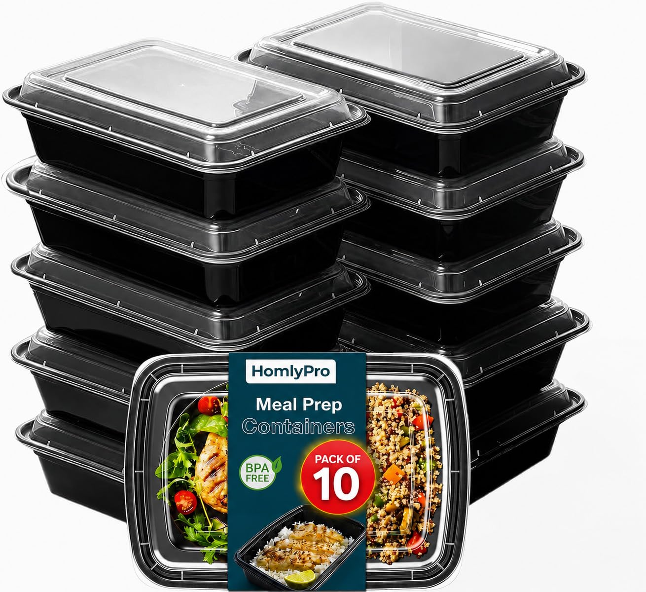 HomlyPro 10 Pack 28oz Black Meal Prep Containers with Lids, Airtight BPA Free Reusable Food Containers, 1 Compartment Stackable Food Storage for Microwave, Freezer and Dishwasher Safe