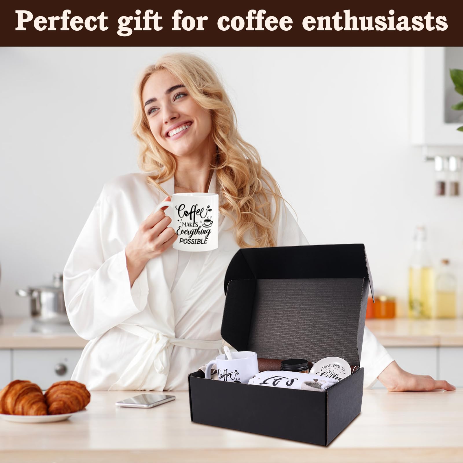 Coffee Lover Gifts, Coffee Gift Basket Set Includes Mug Spoon and Spoon Rest Towel Scented Candles Drying Mat Socks Birthday Christmas Gift Ideas for Women Men