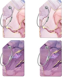 4 Luggage Tags, (1" Smaller Than Traditional) Perfect for Quick Luggage Identification with Stainless Steel Ring and Address Card for Travel and Luggage (Pink Marble + Purple Marble)