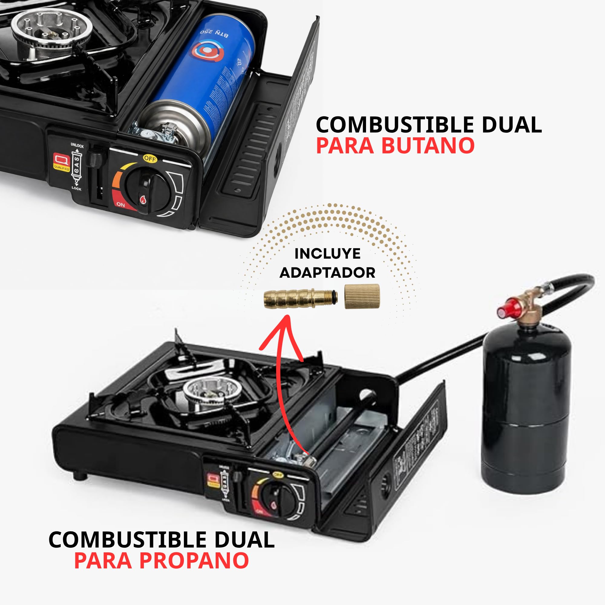 Camping Gas Portatil con adaptador de Bombona + 4 Cartuchos, Pack Hornillo + 4 Cartuchos, Hornillo Camping Gas Portátil, Cocinal, Infernillo, Fogareiro