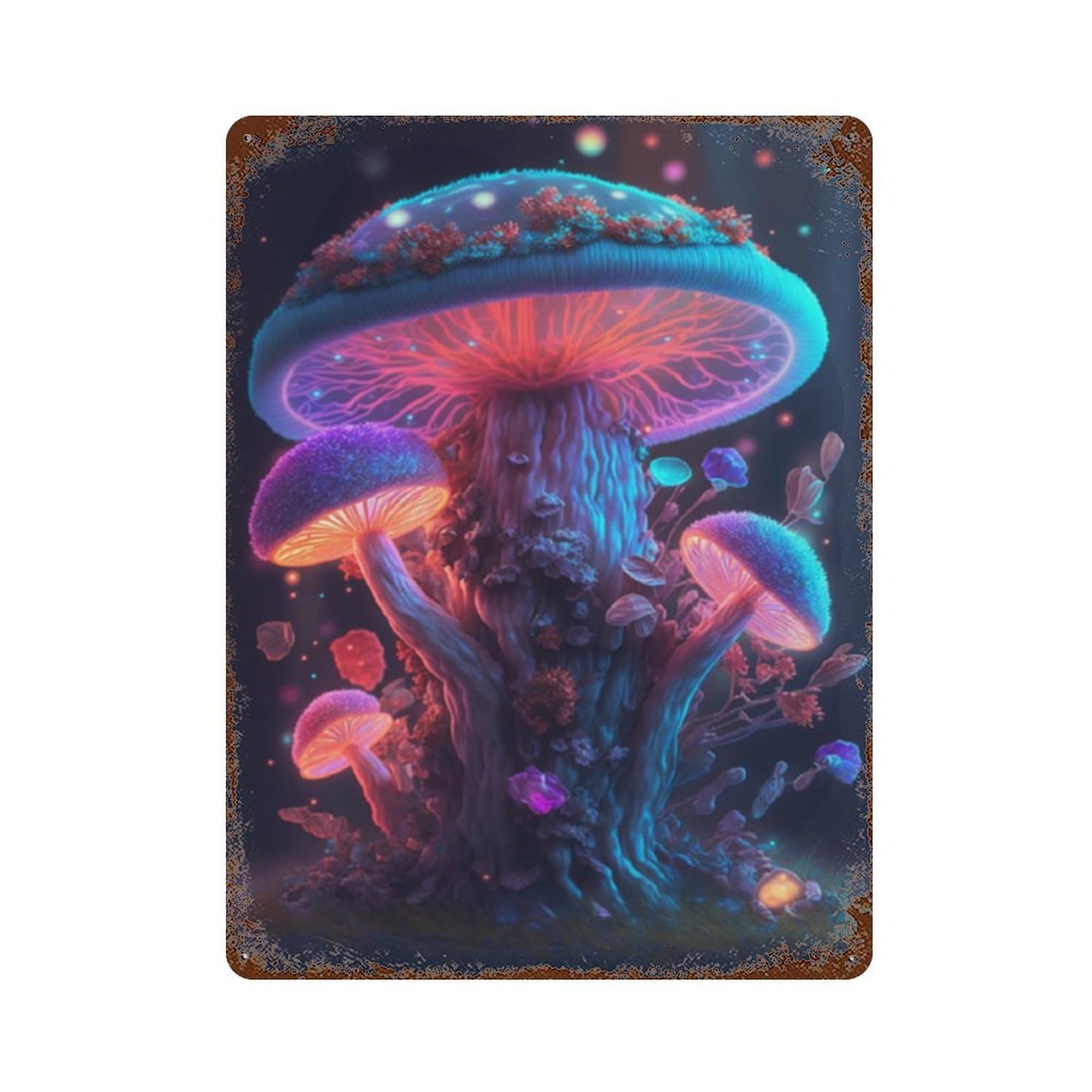 Glowing Fantasy Mushrooms Retro Metal Sign 15.7"x11.8", Decorative Metal Wall Art for Basement, Hobby Room And Garage Decor