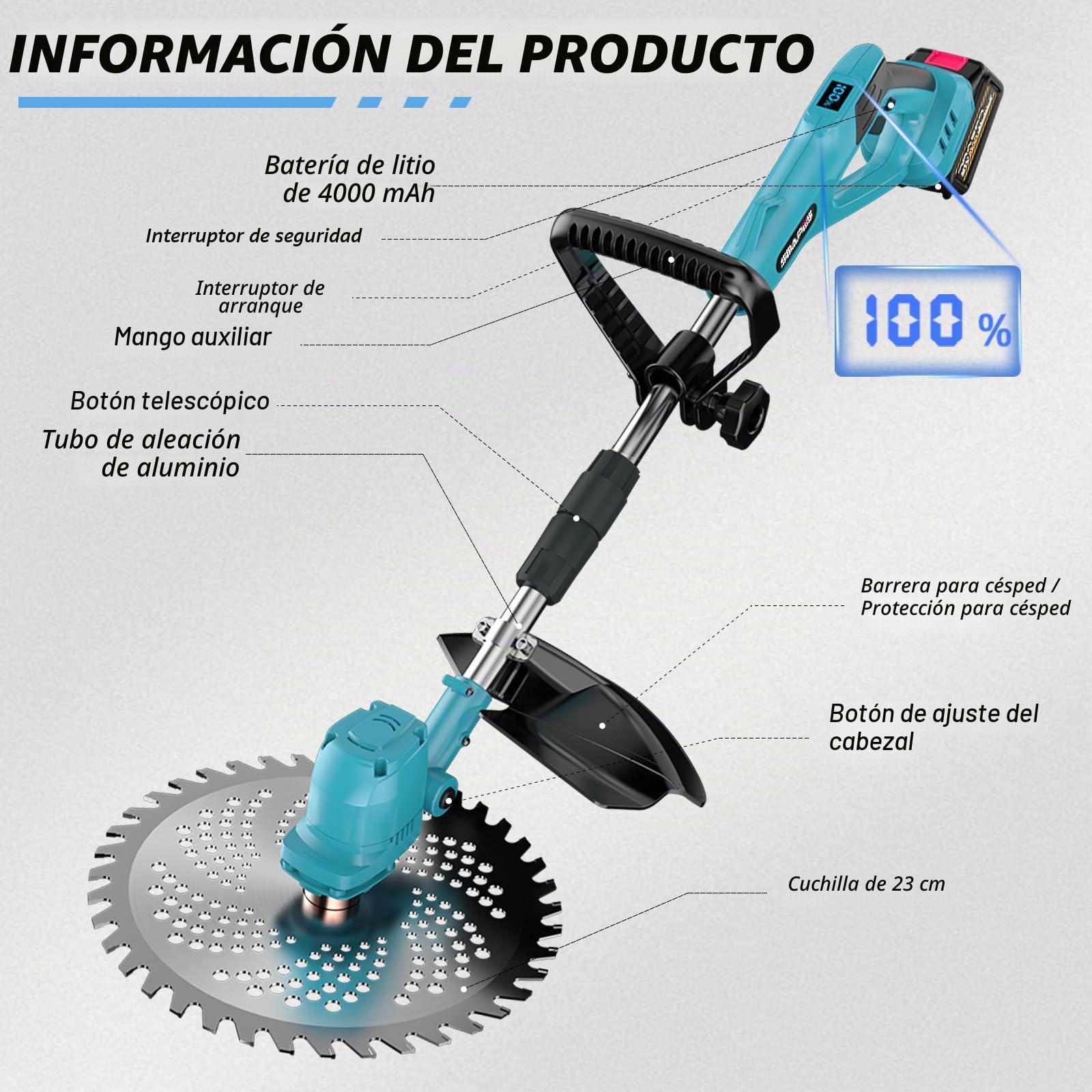 Cortabordes inalámbrico para baterías Makita, Motor sin escobillas 1200W, 2 baterías 4000mAh, telescópico, Cabezal Ajustable césped y maleza