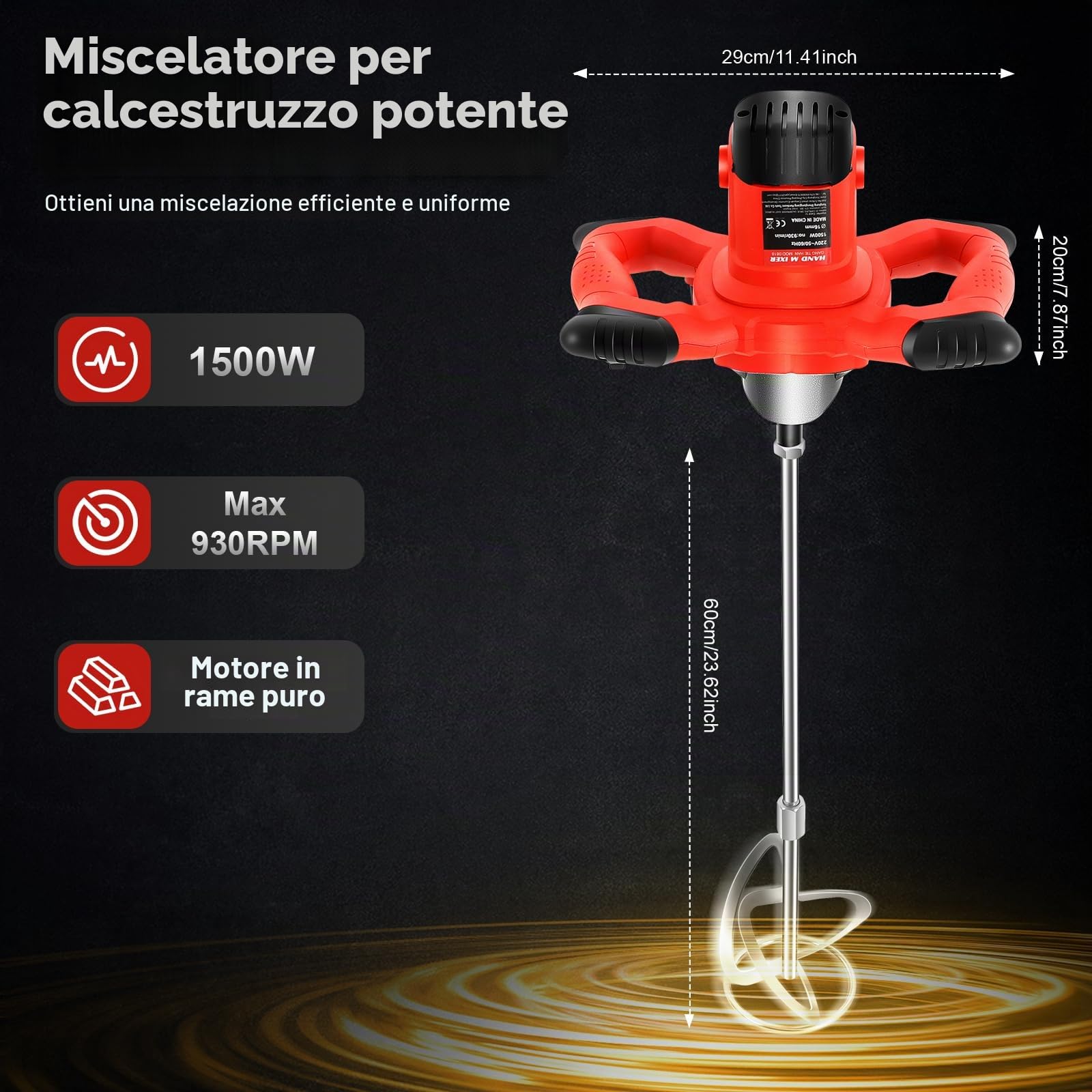 MINRS Agitatore per malta da 1500 W, mescolatore per calcestruzzo, malta a 6 marce, miscelatore per cemento, elettrico, per miscelare vernici, cemento, cemento