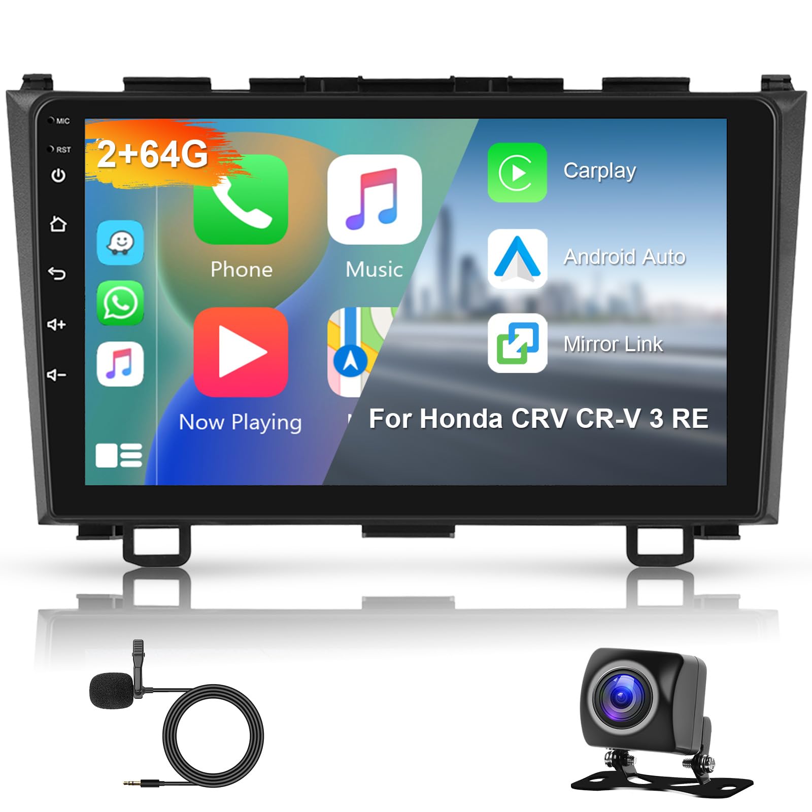 Hodozzy 2G 64G Android Autoradio per Honda CRV CR-V 3 RE 2007-2011 Radio Wireless Carplay Android Auto, Display 9 Pollici Touch Screen GPS WiFi Bluetooth FM RDS,Retrocamera 2 Din Stereo per Honda CRV